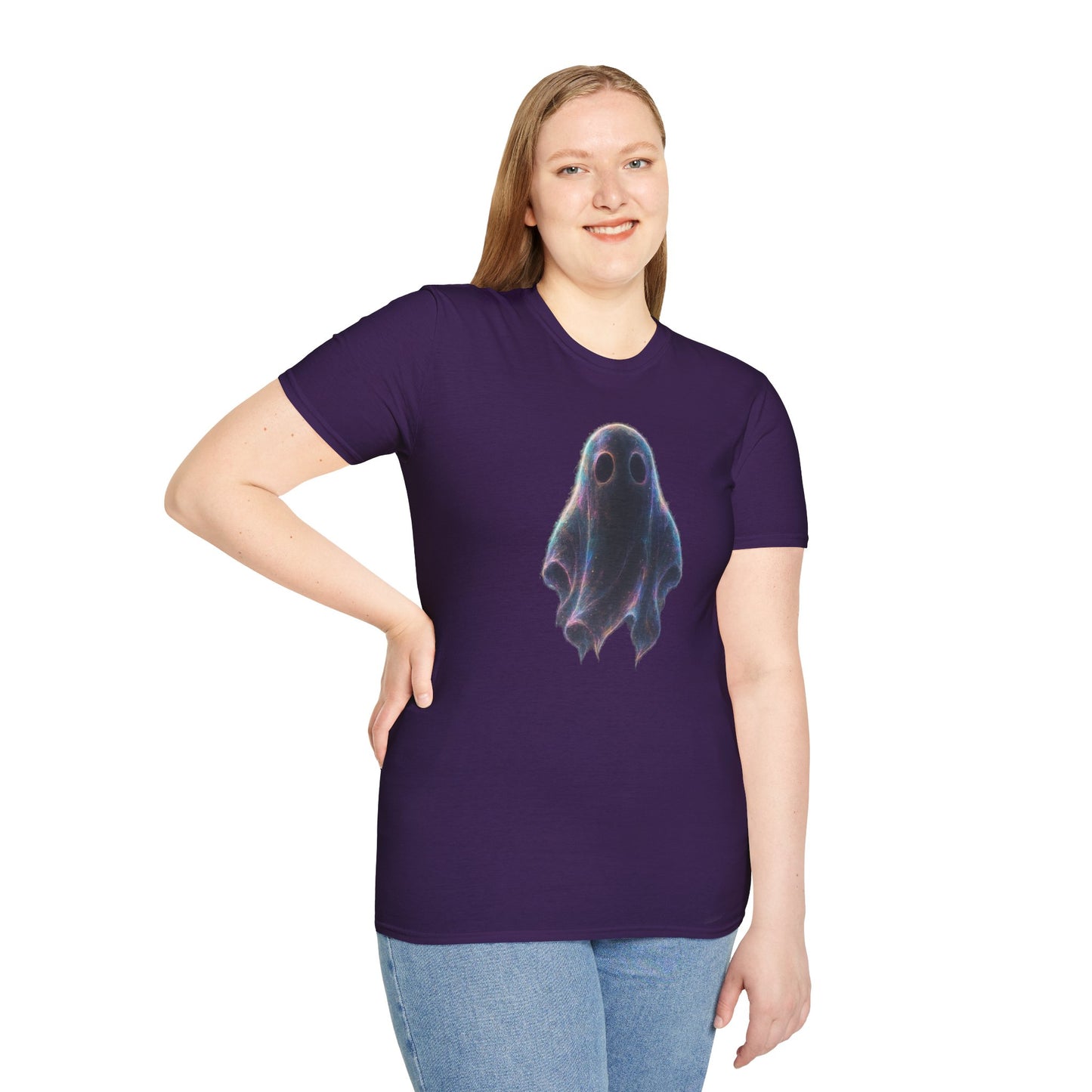 Ethereal Neon Ghost Tee - Iridescent Ghost Graphic T-Shirt, Spooky Aesthetic Halloween Shirt, Vibrant Vaporwave Ghost Tee for Fall