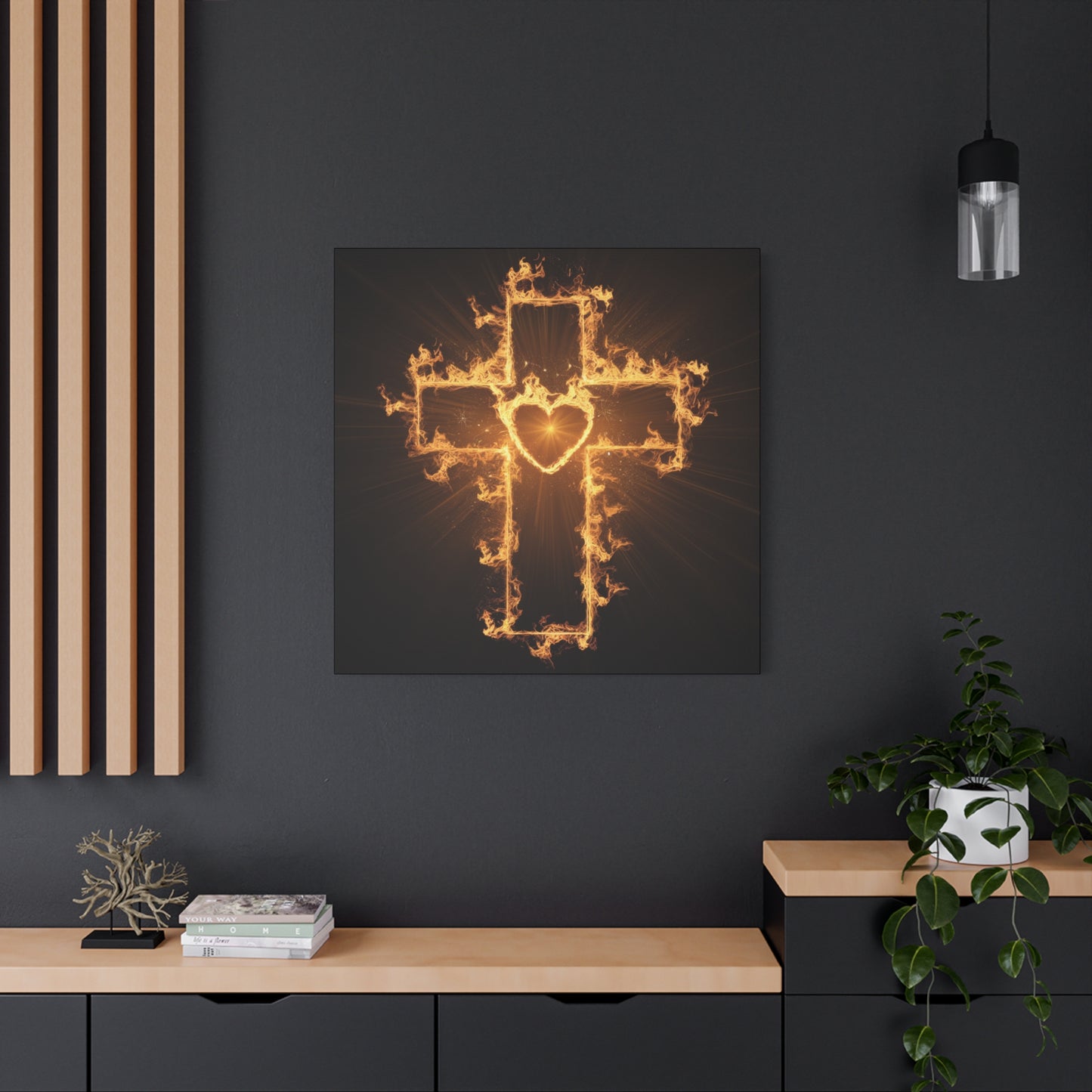 Flaming Heart and Cross Christian Wall Art Canvas