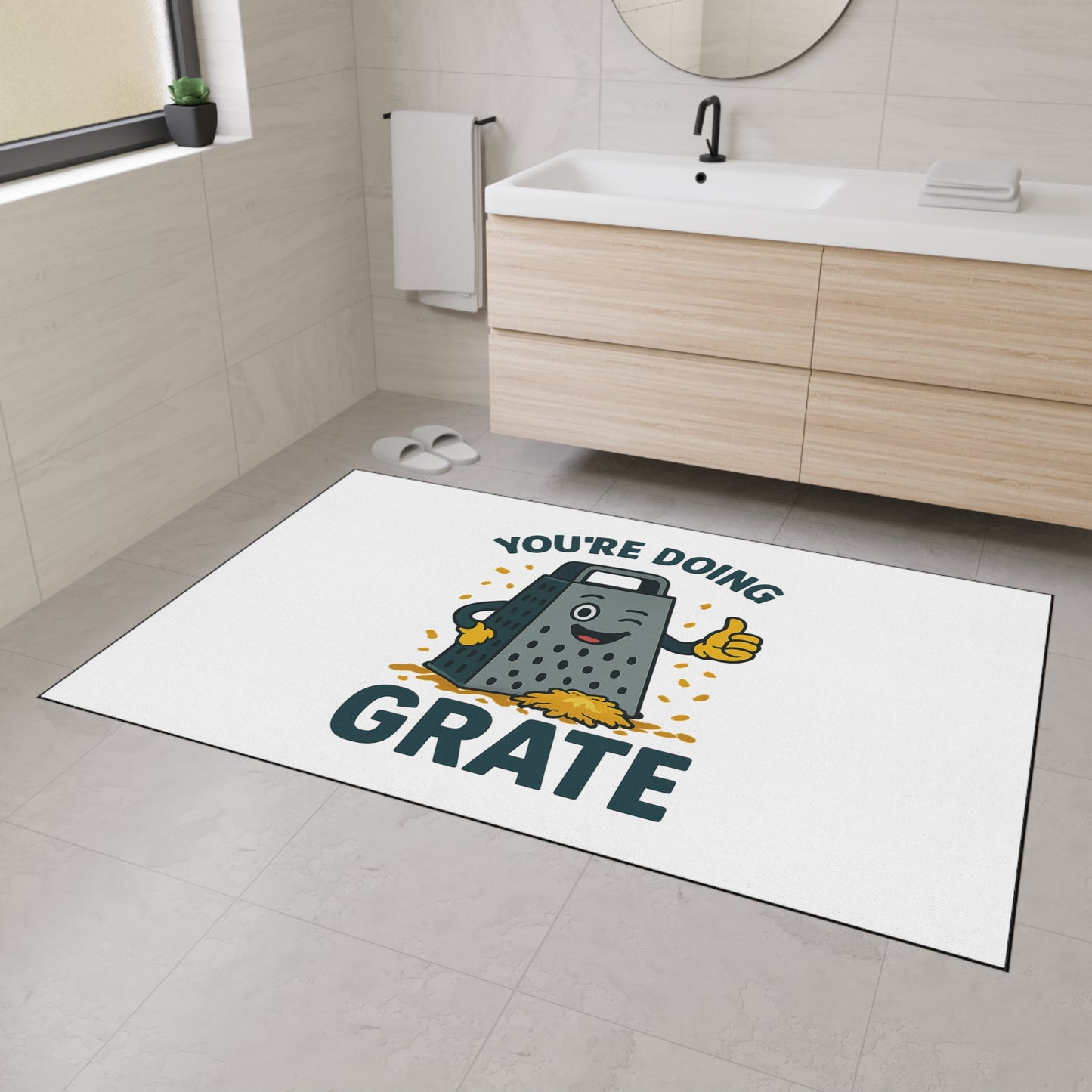 Funny Kitchen Mat – “You’re Doing Grate” Floor Rug, Cheese Grater Pun Mat, Cute Home Gift for Friends or Foodies