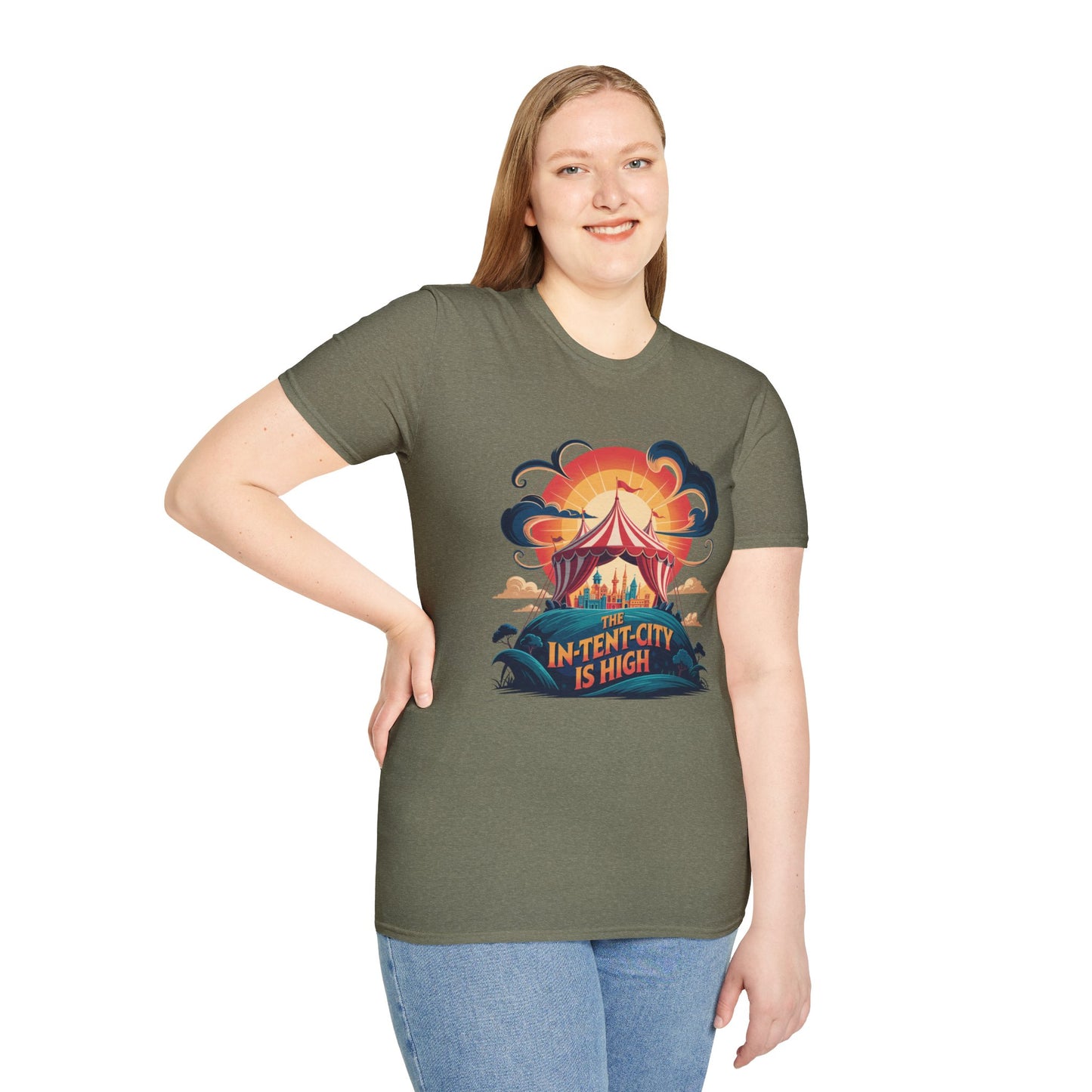 In-Tent-City Is High Retro Camp T-Shirt | Vintage Circus Tent + Cityscape Graphic | Funny Outdoors Urban Adventure Tee | Unisex Camper Shirt