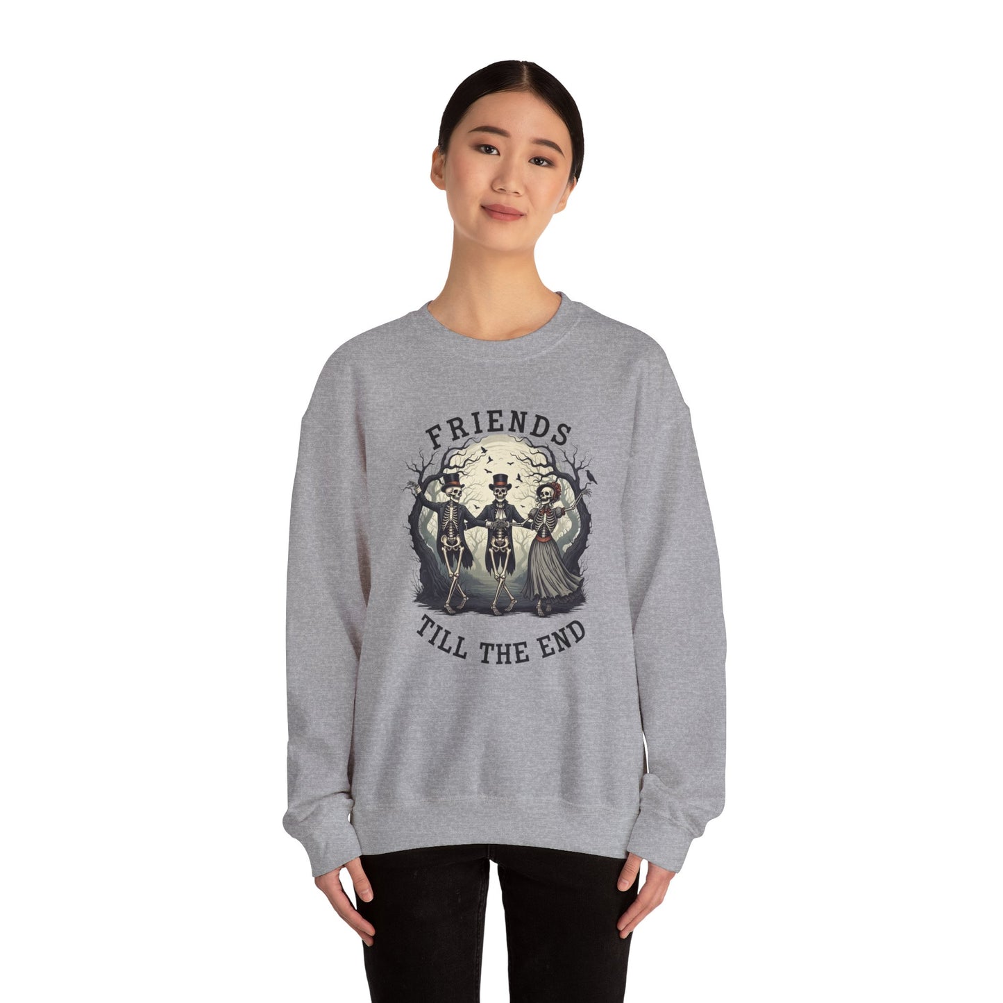 Friends Till The End Skeleton Sweatshirt | Dancing Skeletons Halloween Crewneck | Spooky Fall Graphic Pullover Gift for Bestie