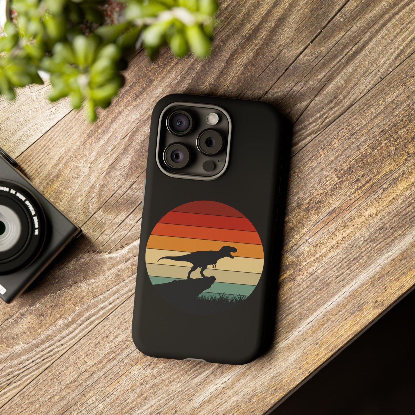 Retro Sunset Dinosaur iPhone Case | T‑Rex Silhouette Vintage Phone Cover for iPhone 14/15/16 Pro | Aesthetic Dinosaur Gift