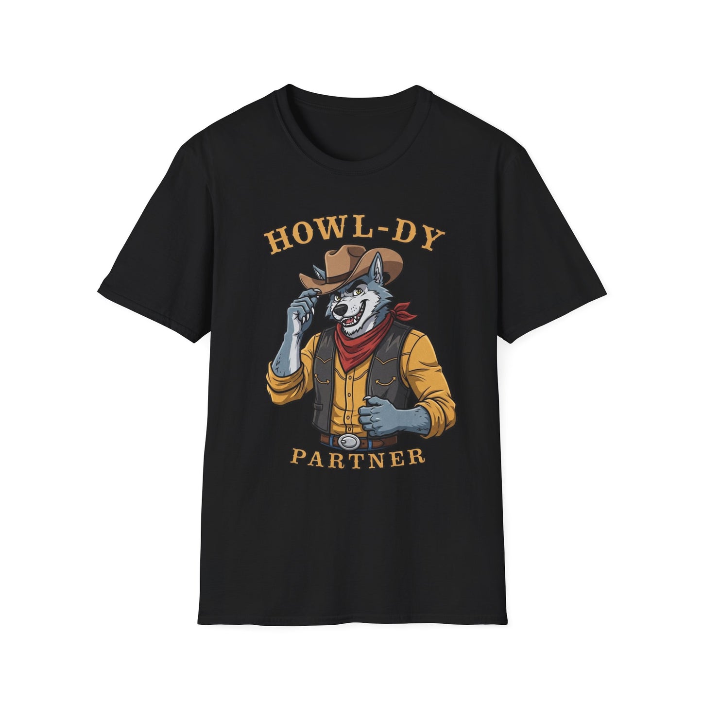 Howl-dy Partner Wolf Cowboy T-Shirt | Western Howling Wolf Graphic Tee, Funny Animal Shirt, Cowboy Gifts, Rustic Country Tee