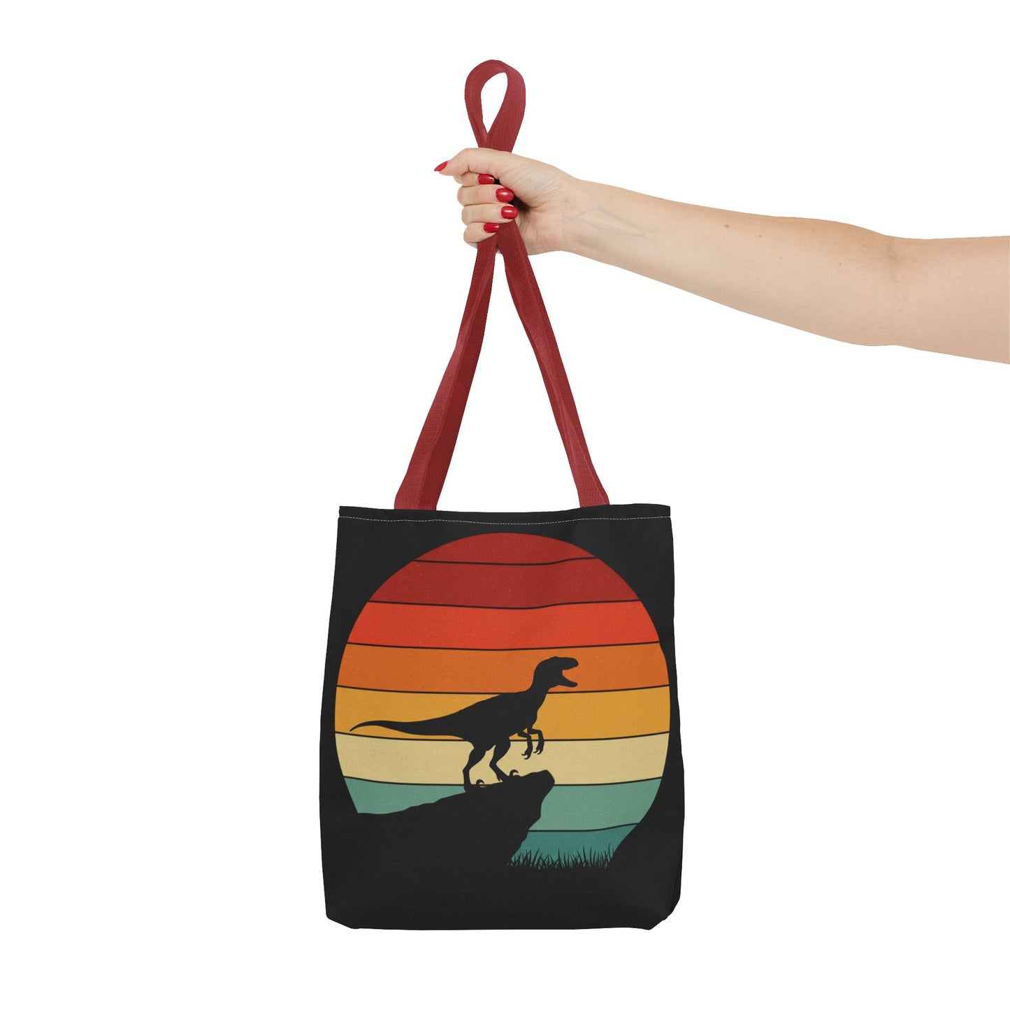 Retro Dino Sunset Tote Bag - Eco Canvas Dinosaur Beach Bag | Sustainable and Stylish Camping, Dino Lover Gift, Reusable Market Tote