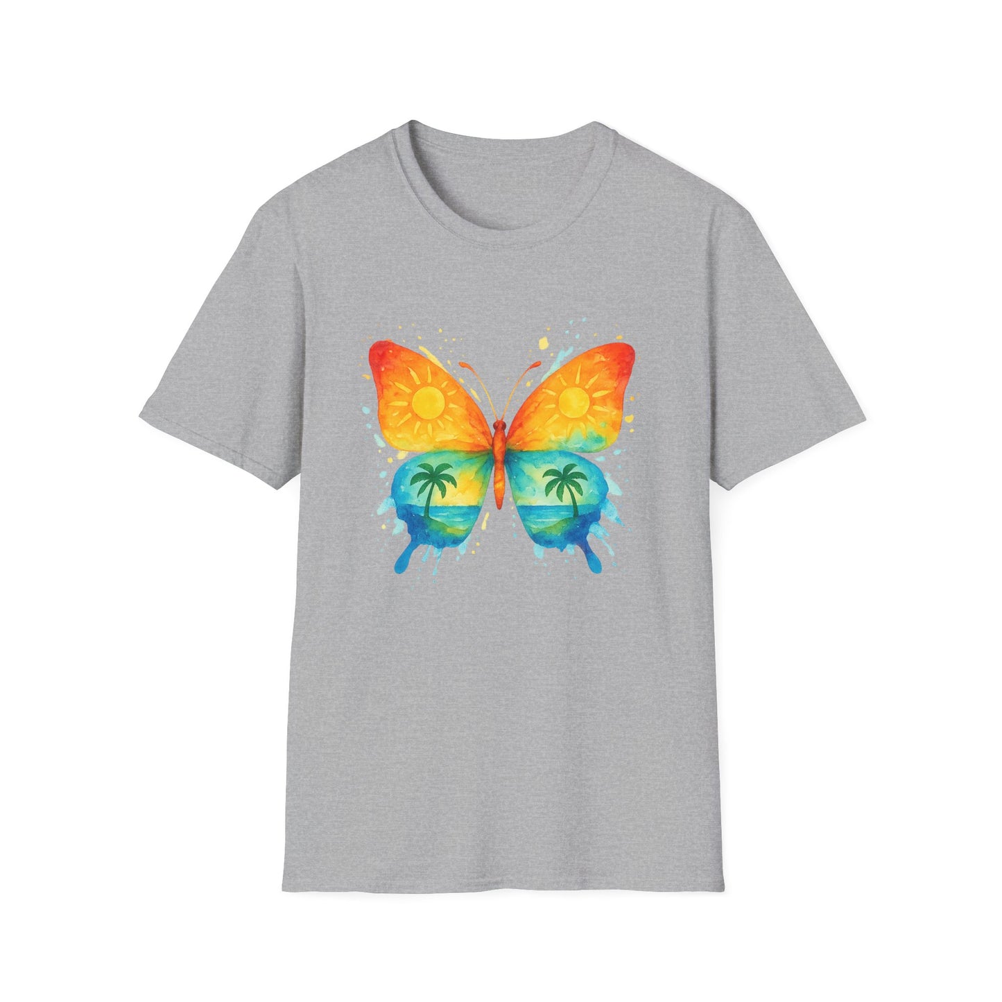 Butterfly Sunset Beach Tee - Ocean & Palm Watercolor Butterfly T-Shirt, Coastal Boho Graphic, Nature Lover Gift, Unisex Casual Tee