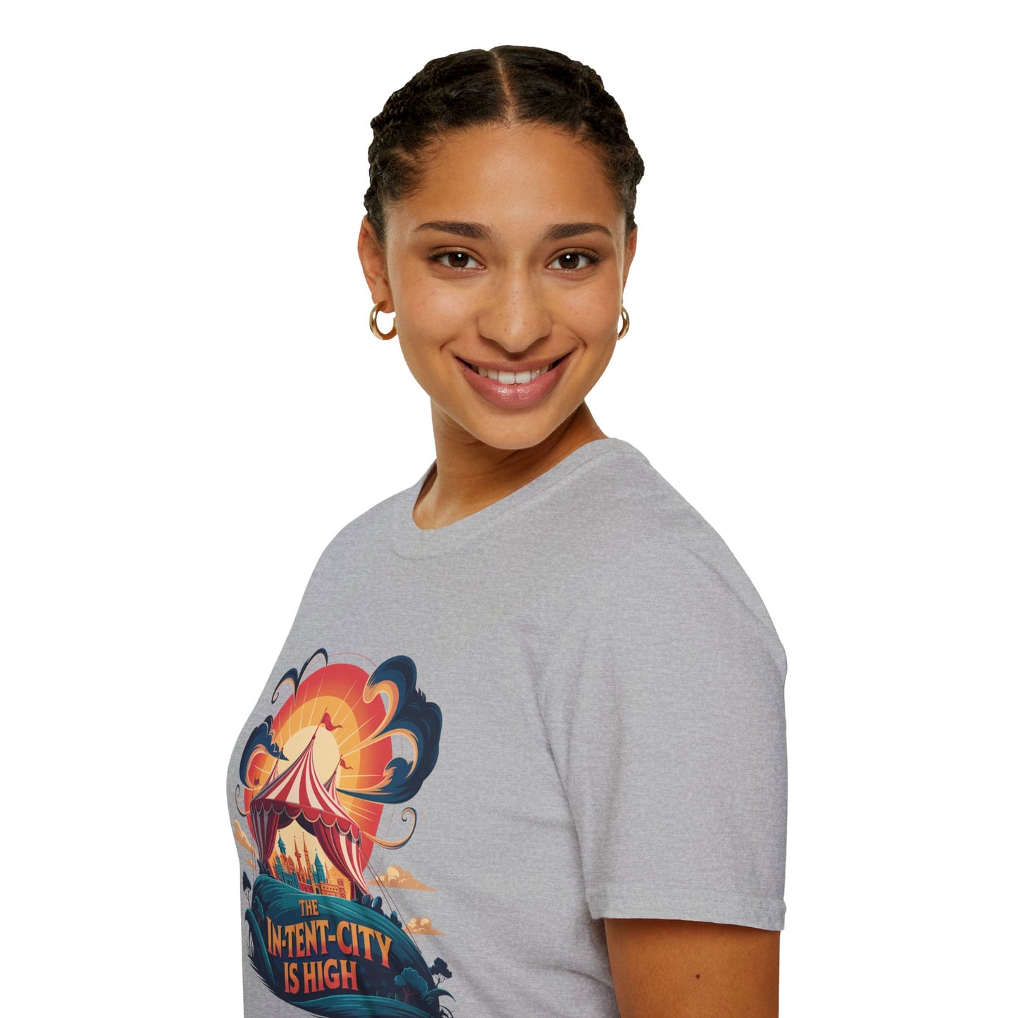 In-Tent-City Is High Retro Camp T-Shirt | Vintage Circus Tent + Cityscape Graphic | Funny Outdoors Urban Adventure Tee | Unisex Camper Shirt