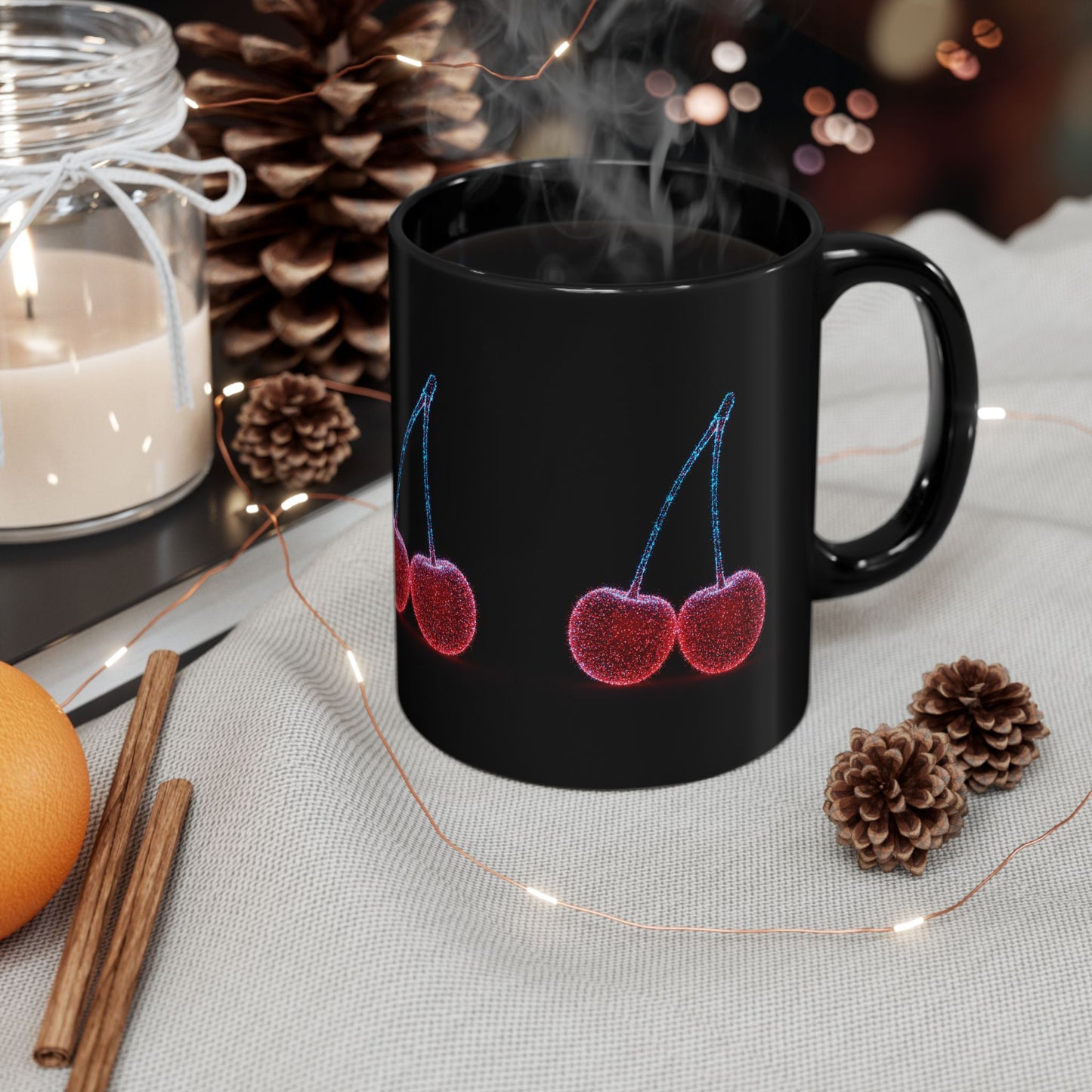 Cherry Art Black Coffee Mug | Bold Fruit Design Cup | Unique Kitchen Drinkware | Cool Modern Cherry Lover Gift | 11oz & 15oz Ceramic