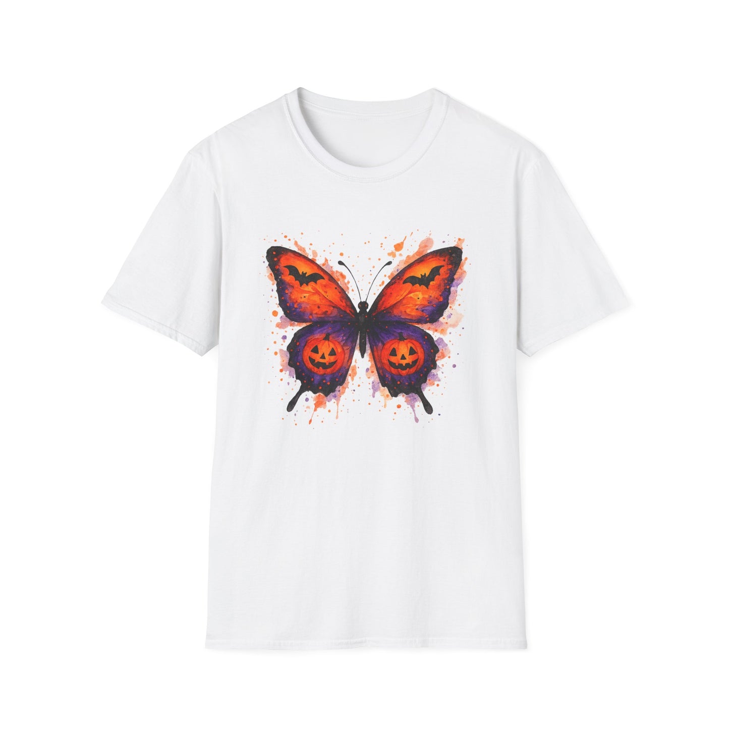 Halloween Watercolor Butterfly T-Shirt - Pumpkin Butterfly Tee, Spooky Butterfly Shirt, Bat and Jack-O'Lantern Wings, Fall Aesthetic Tee
