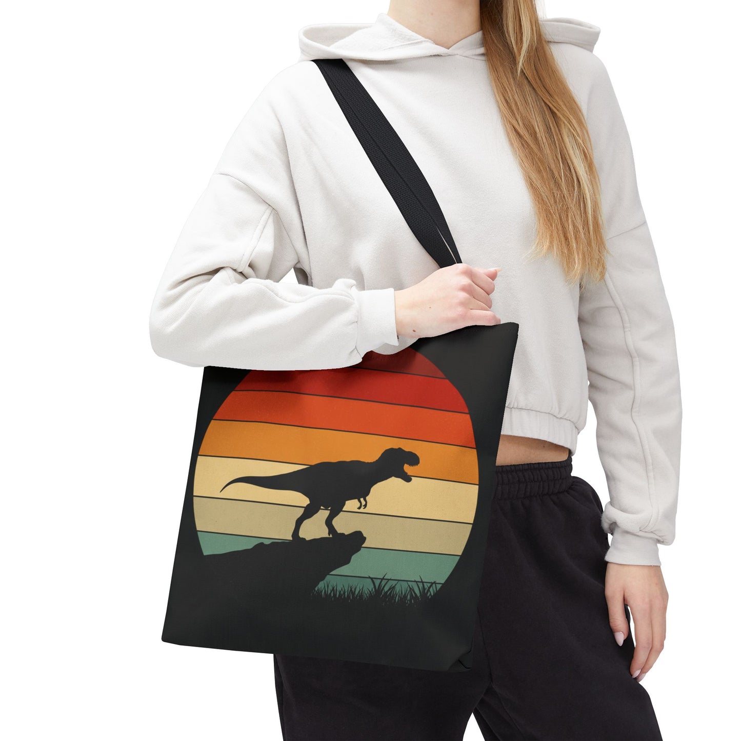 Retro Dinosaur Sunset Tote Bag | AOP Canvas Shopper - Eco Beach Bag for Dino Lovers and Kids, All-Over Print Summer Travel Gift