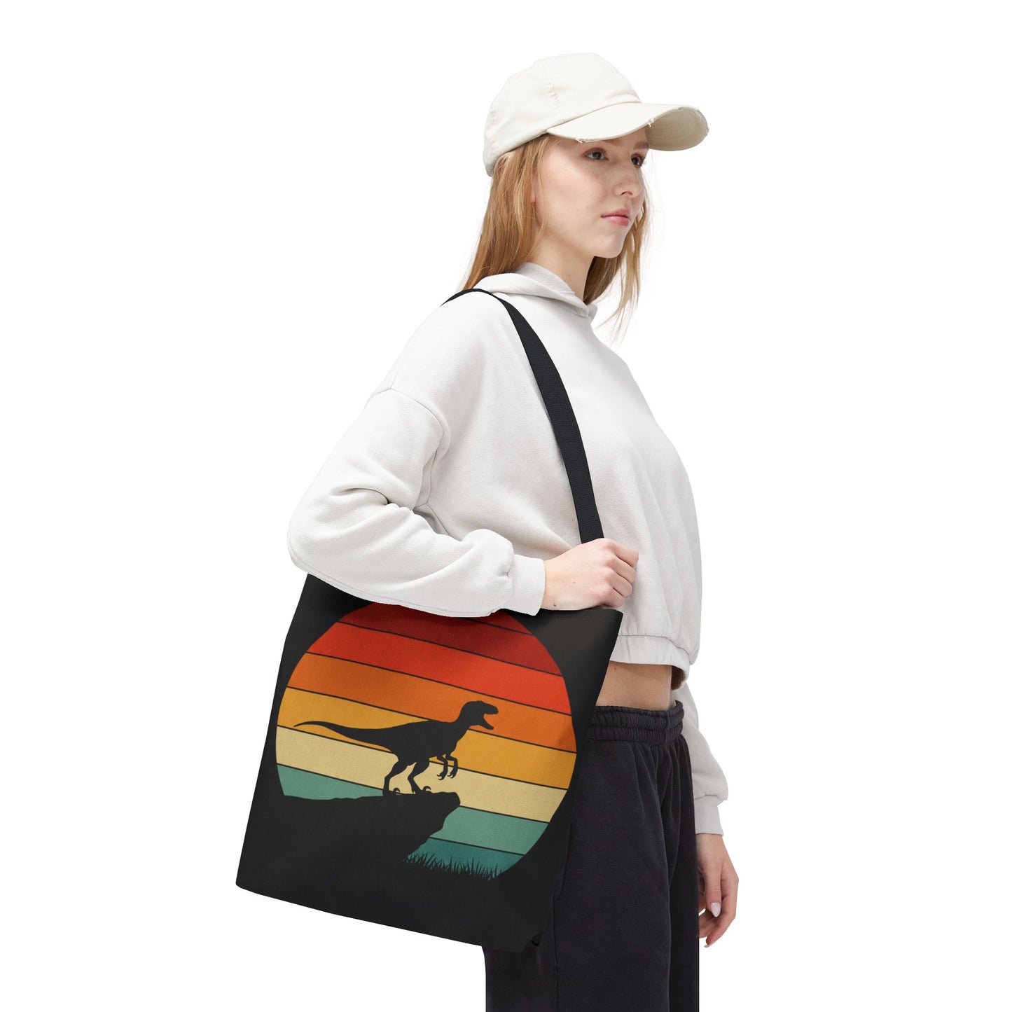 Retro Dino Sunset Tote Bag - Eco Canvas Dinosaur Beach Bag | Sustainable and Stylish Camping, Dino Lover Gift, Reusable Market Tote