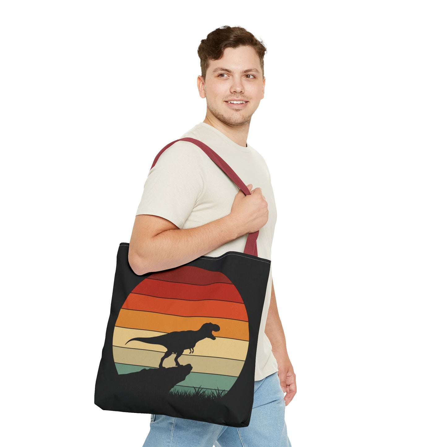 Retro Dinosaur Sunset Tote Bag | AOP Canvas Shopper - Eco Beach Bag for Dino Lovers and Kids, All-Over Print Summer Travel Gift