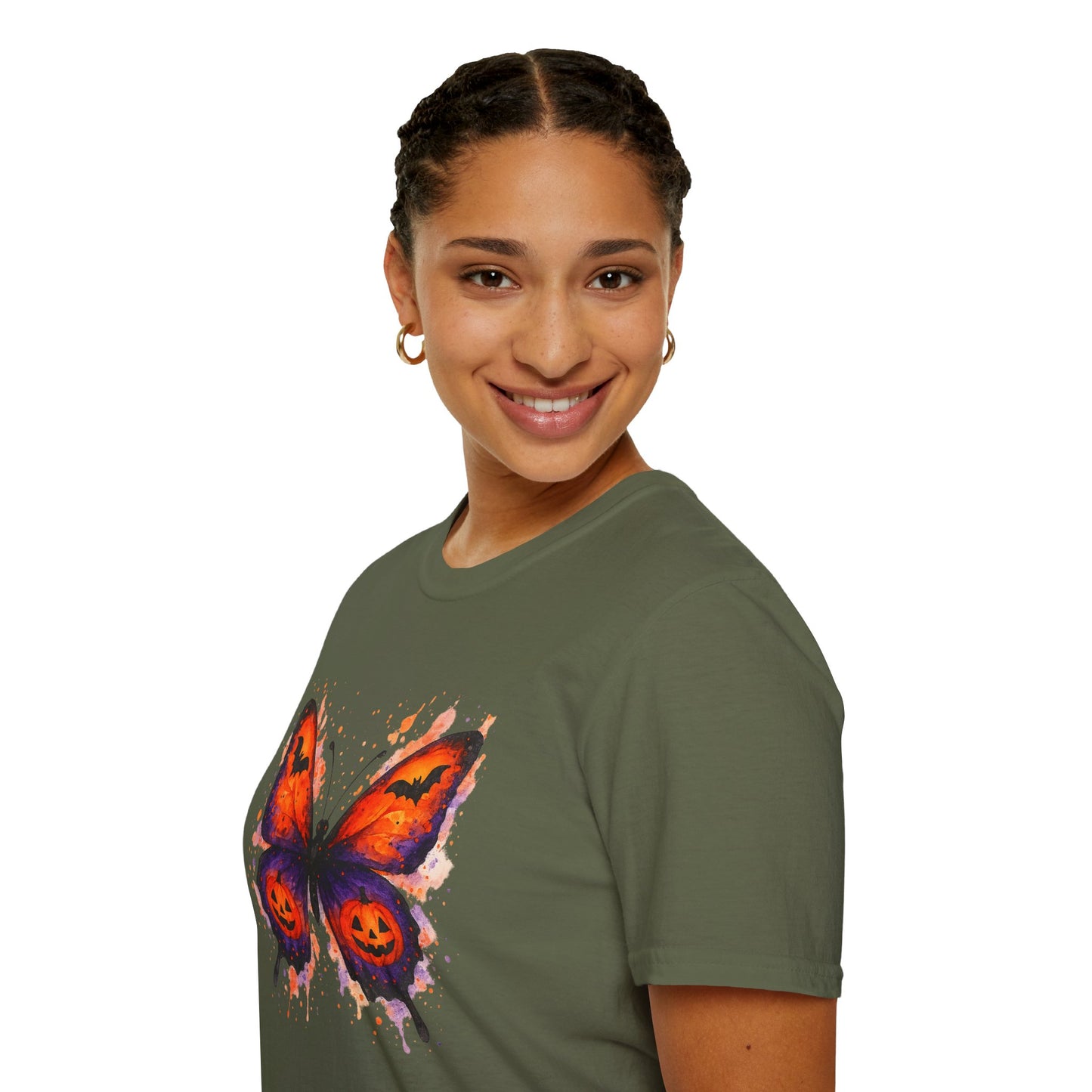 Halloween Watercolor Butterfly T-Shirt - Pumpkin Butterfly Tee, Spooky Butterfly Shirt, Bat and Jack-O'Lantern Wings, Fall Aesthetic Tee