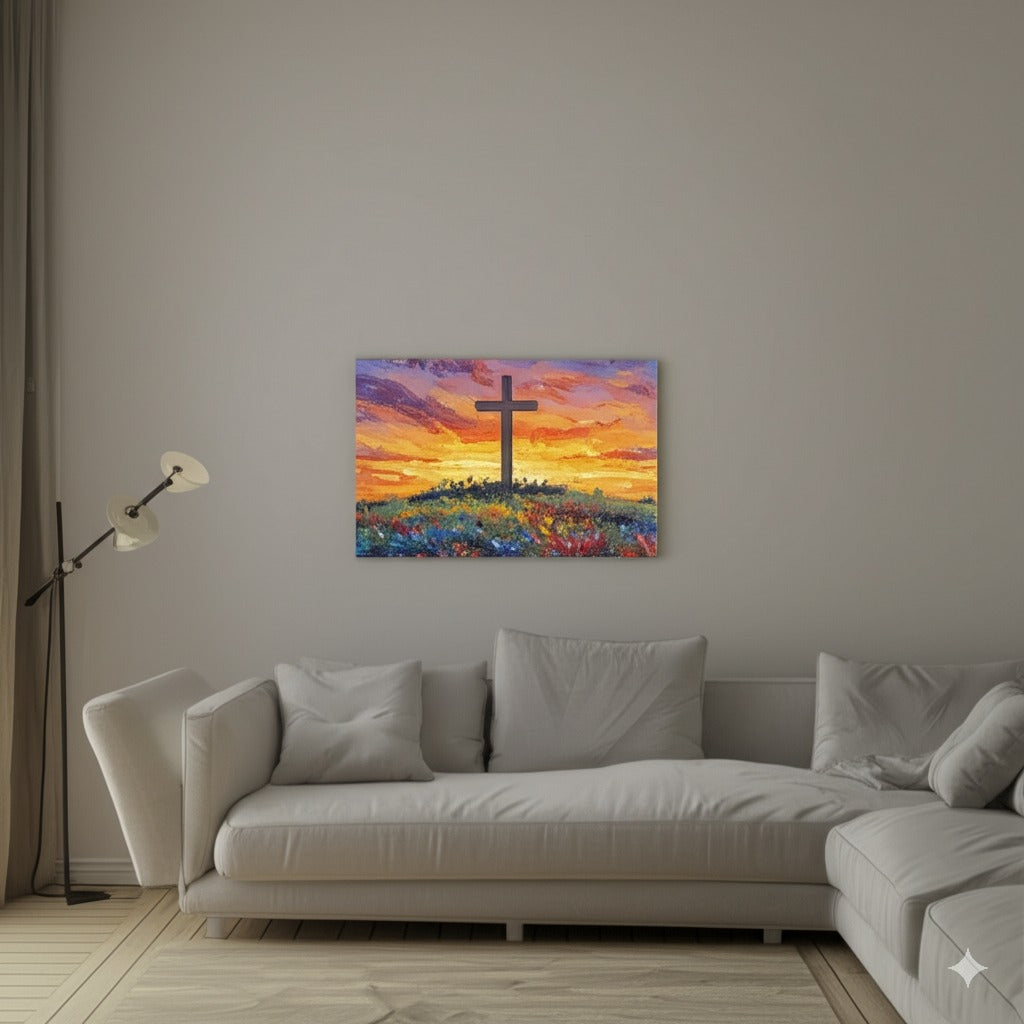 Van Gogh Inspired Inspirational Stretched Canvas Art - Sunset Cross Landscape