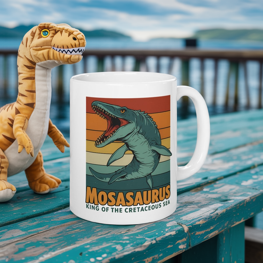 Retro Mosasaurus Mug - Ocean Beast Ceramic Coffee Cup 11oz/15oz | Jurassic Sea Monster Gift for Dinosaur Lovers Marine Mug