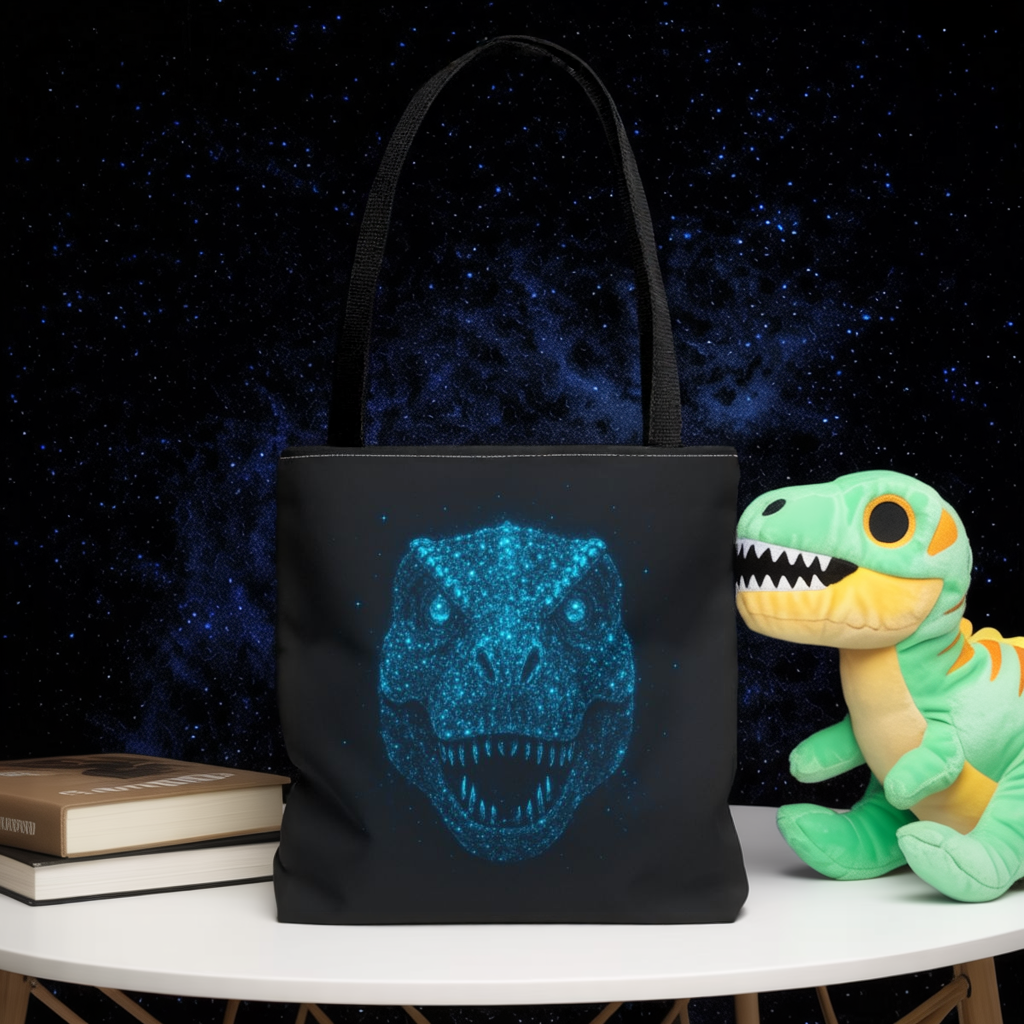 Bioluminescent Dino Tote Bag | Retro T-Rex Galaxy Canvas Shopper - Eco AOP Tote, Ocean Glow Dinosaur Art, Gift for Paleontology Fans