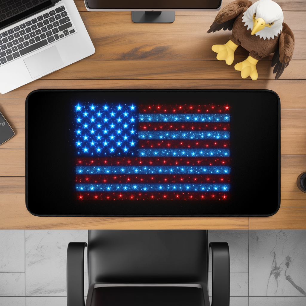 Bioluminescent USA Flag Desk Mat | Neon Patriotic Mouse Pad - XL Desk Mat Aesthetic for Home Office, Veteran and 4th of July Gift