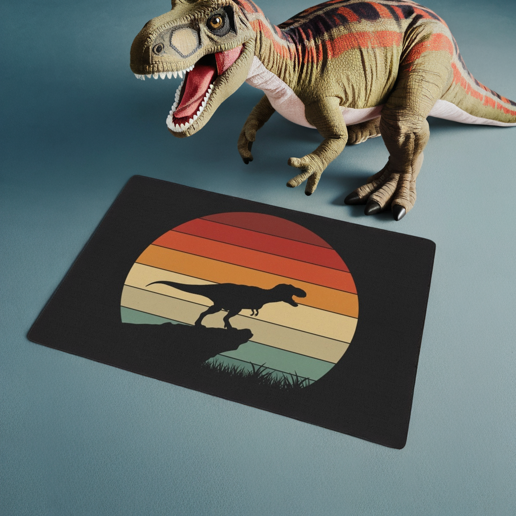 Retro T-Rex Sunset Floor Mat | Heavy Duty Playroom Rug - Non-Slip Dinosaur Entrance Mat for Kids Room, Home, Nursery Decor