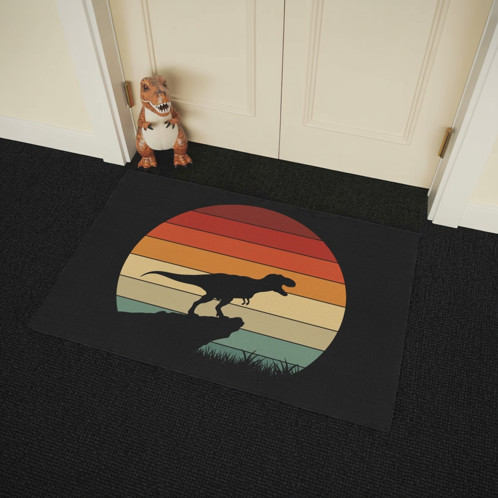 Retro T-Rex Sunset Floor Mat | Heavy Duty Playroom Rug - Non-Slip Dinosaur Entrance Mat for Kids Room, Home, Nursery Decor