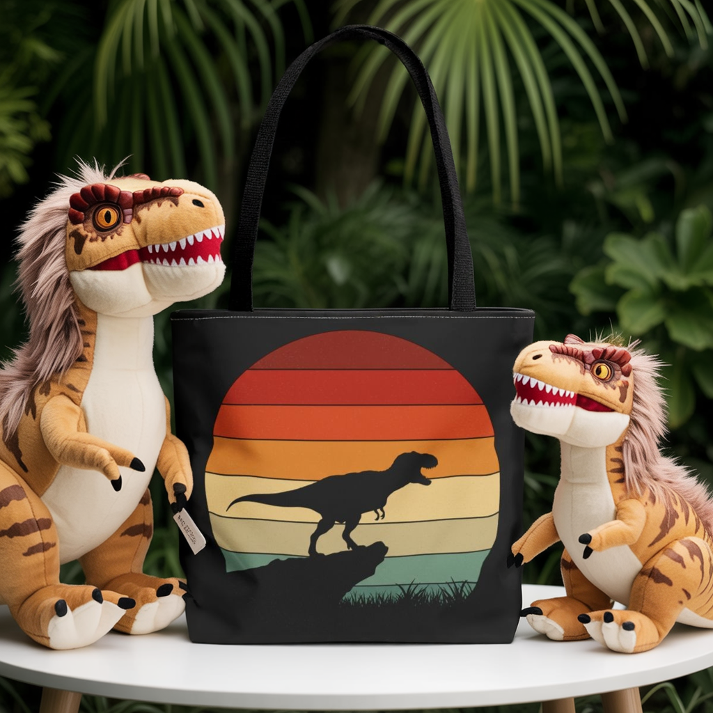 Retro Dinosaur Sunset Tote Bag | AOP Canvas Shopper - Eco Beach Bag for Dino Lovers and Kids, All-Over Print Summer Travel Gift