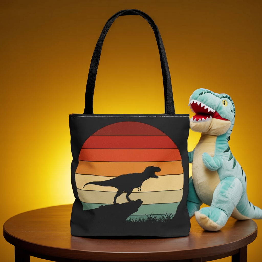 Retro Dinosaur Sunset Tote Bag | AOP Canvas Shopper - Eco Beach Bag for Dino Lovers and Kids, All-Over Print Summer Travel Gift