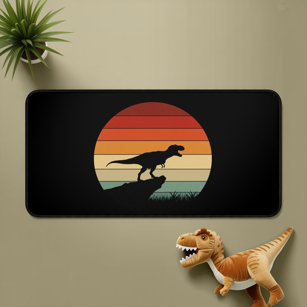 Retro T-Rex Sunset Desk Mat XL | Dinosaur Gaming and Office Mouse Pad - Non‑Slip Rug for Home, Kids, Paleontology Gift