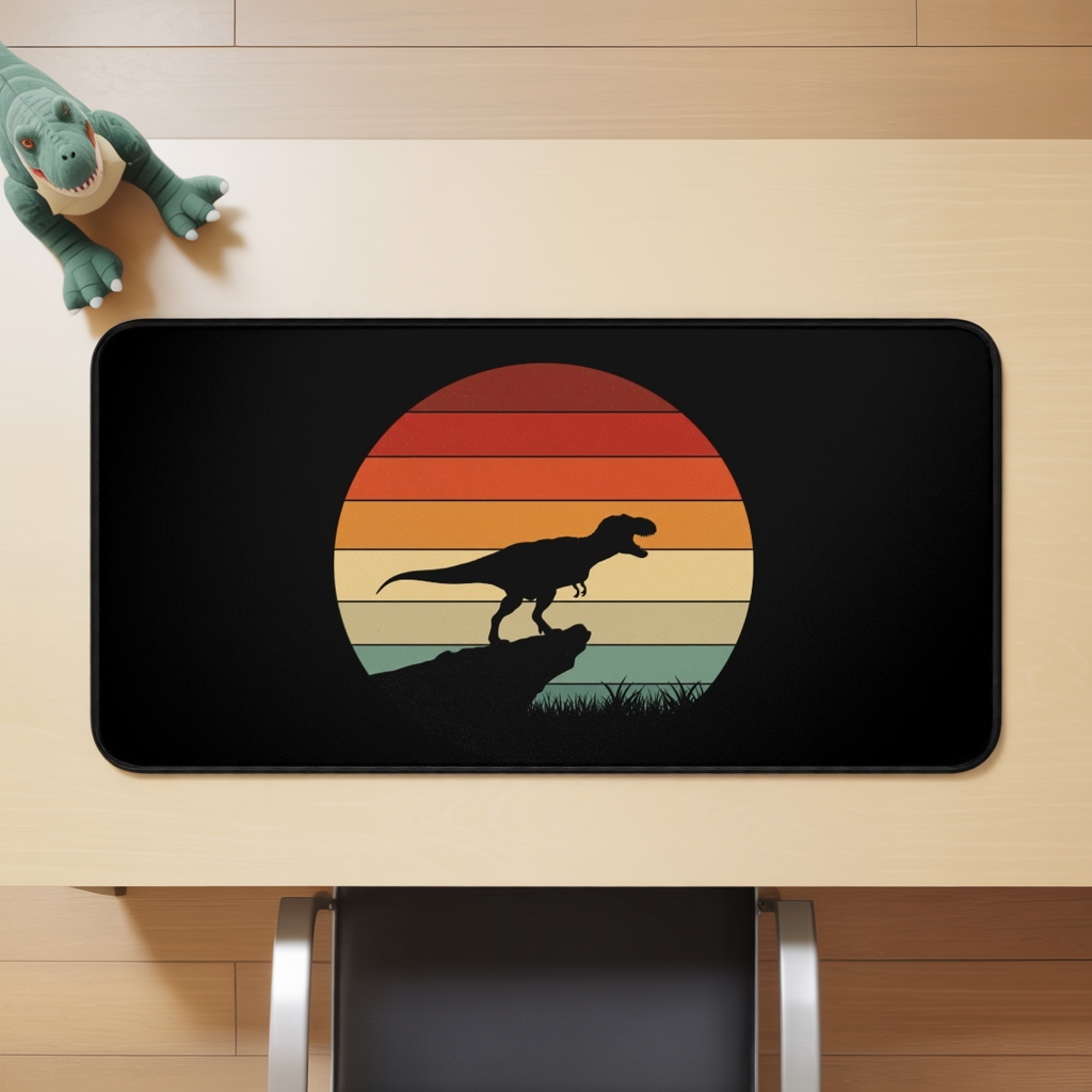 Retro T-Rex Sunset Desk Mat XL | Dinosaur Gaming and Office Mouse Pad - Non‑Slip Rug for Home, Kids, Paleontology Gift