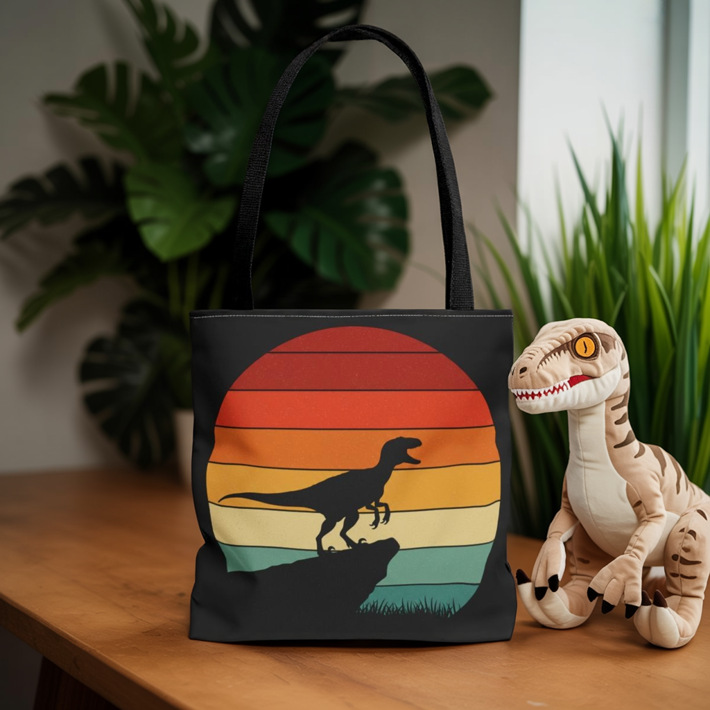 Retro Dino Sunset Tote Bag - Eco Canvas Dinosaur Beach Bag | Sustainable and Stylish Camping, Dino Lover Gift, Reusable Market Tote