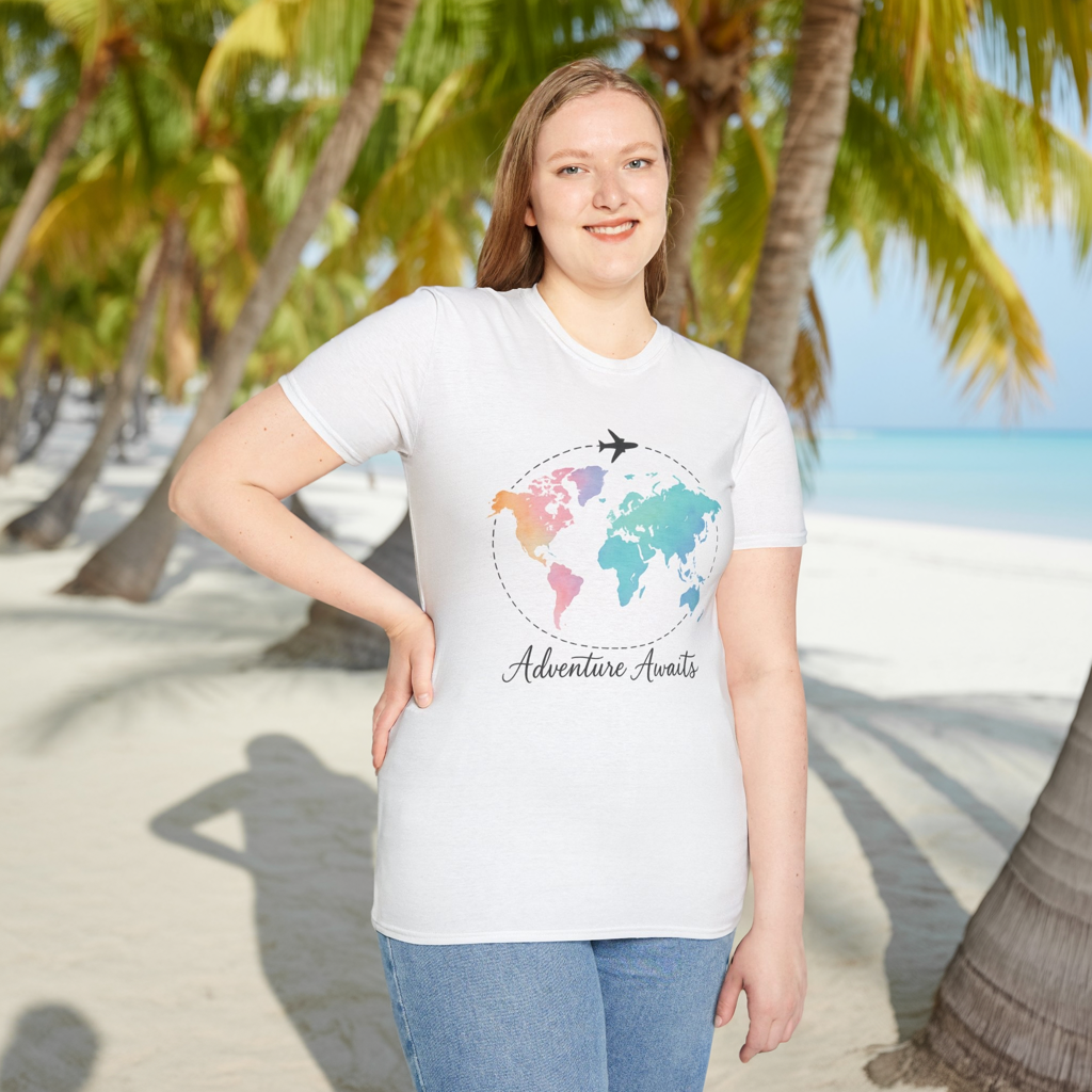 Adventure Awaits Travel Shirt | Watercolor World Map Tee for Women and Men | Wanderlust Gift for Travelers, Hikers, Campers, Beach Lovers