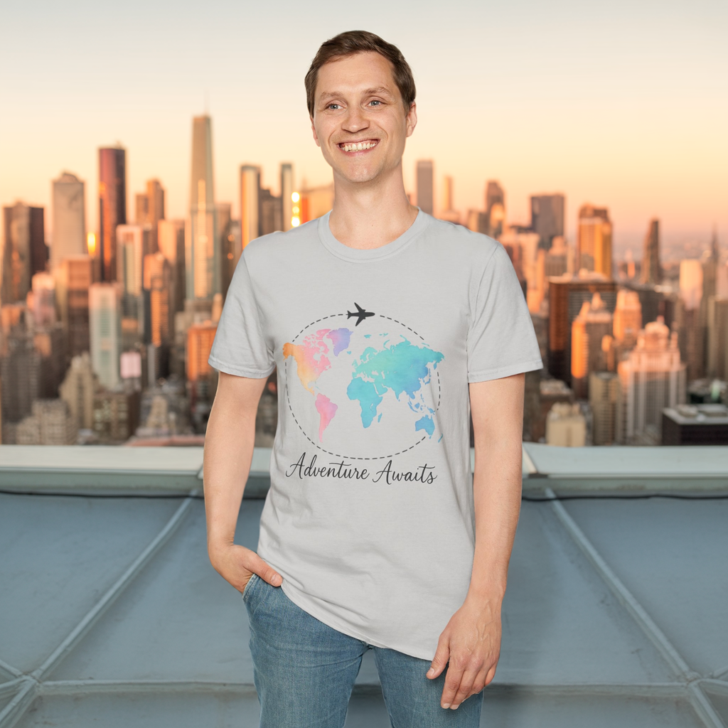 Adventure Awaits Travel Shirt | Watercolor World Map Tee for Women and Men | Wanderlust Gift for Travelers, Hikers, Campers, Beach Lovers