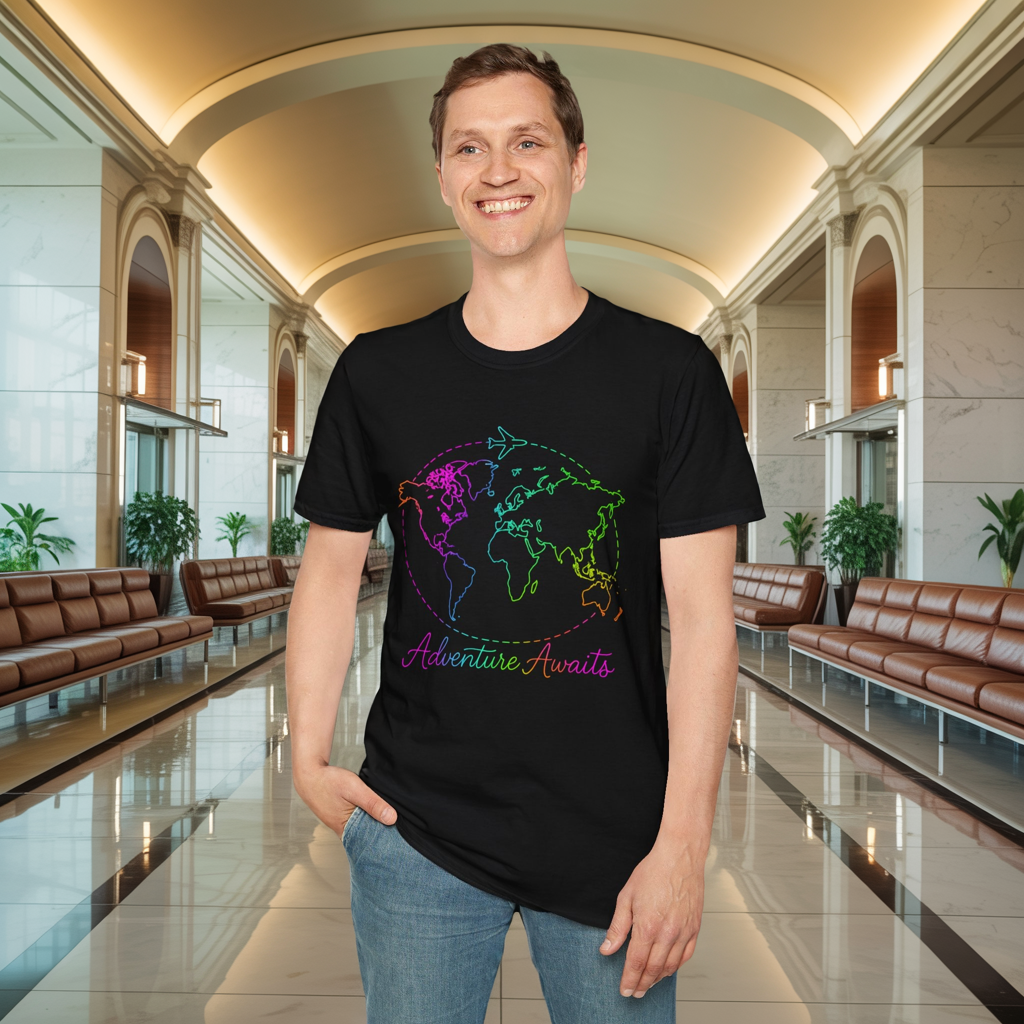 Adventure Awaits Neon Y2K Shirt - Retro Travel Tee, Rainbow Globe Graphic, Aesthetic Vacation Top, Y2K Gift for Travelers