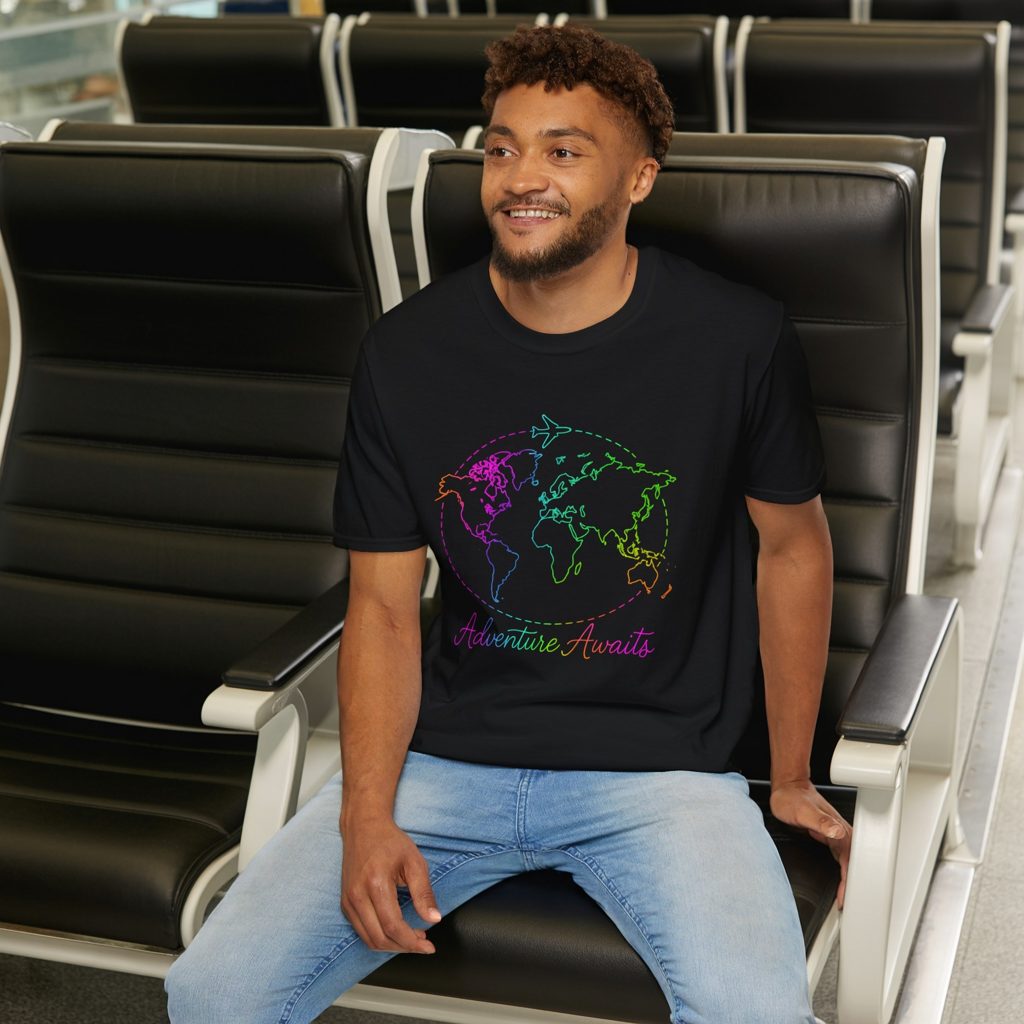 Adventure Awaits Neon Y2K Shirt - Retro Travel Tee, Rainbow Globe Graphic, Aesthetic Vacation Top, Y2K Gift for Travelers