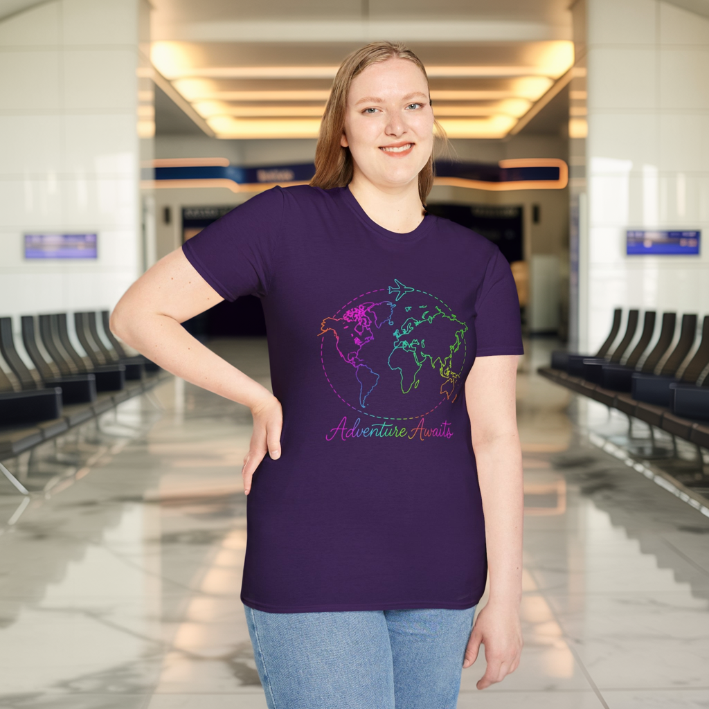Adventure Awaits Neon Y2K Shirt - Retro Travel Tee, Rainbow Globe Graphic, Aesthetic Vacation Top, Y2K Gift for Travelers