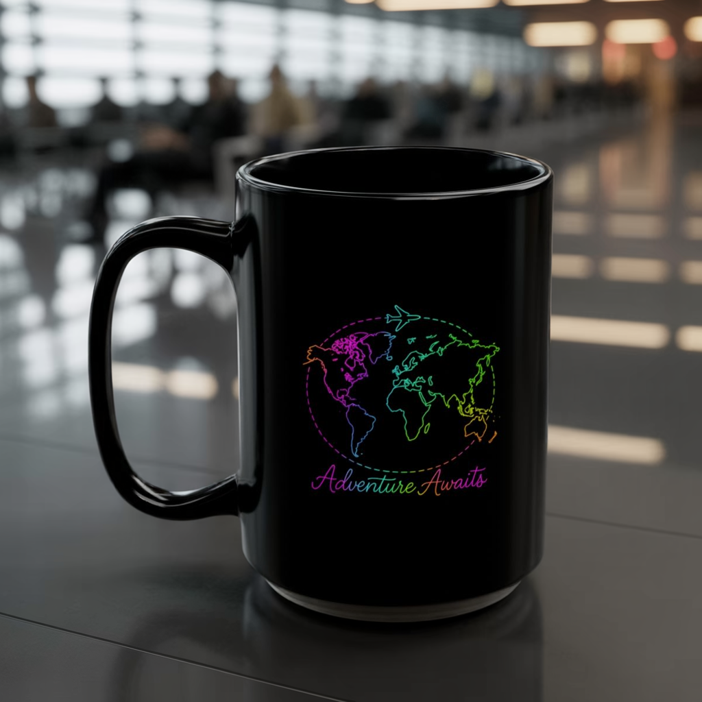 Adventure Awaits Neon Line Mug - Y2K Travel Coffee Cup - Rainbow World Map, Plane Design Ceramic Gift for Wanderlusters