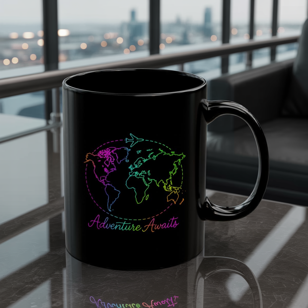 Adventure Awaits Neon Line Mug - Y2K Travel Coffee Cup - Rainbow World Map, Plane Design Ceramic Gift for Wanderlusters
