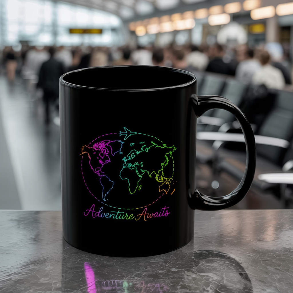 Adventure Awaits Neon Line Mug - Y2K Travel Coffee Cup - Rainbow World Map, Plane Design Ceramic Gift for Wanderlusters