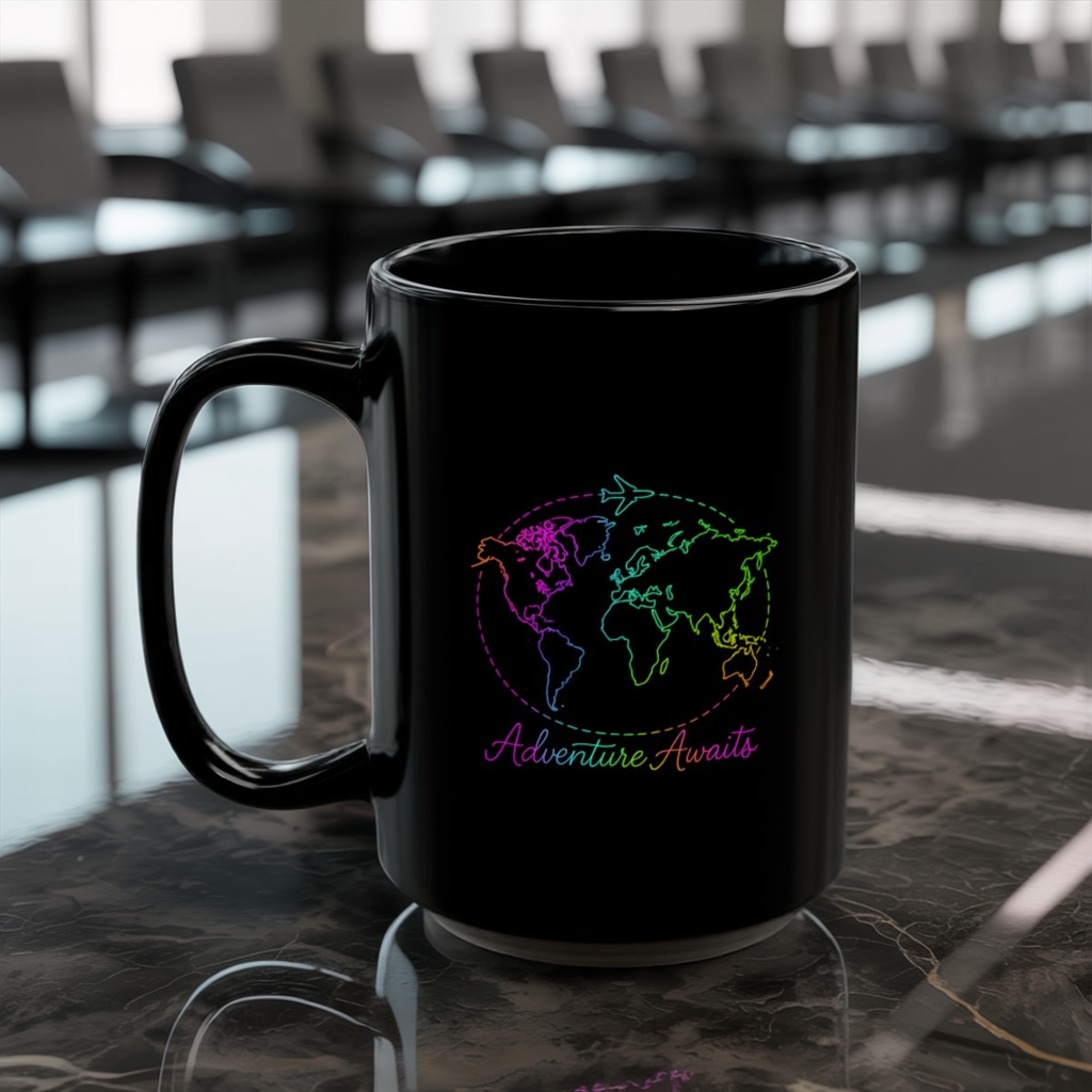 Adventure Awaits Neon Line Mug - Y2K Travel Coffee Cup - Rainbow World Map, Plane Design Ceramic Gift for Wanderlusters
