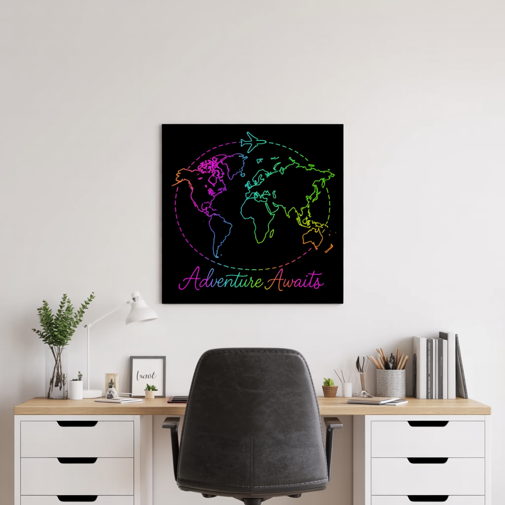 Adventure Awaits Neon Poster - Y2K Rainbow World Map and Plane Wall Art - Travel Aesthetic Decor for Office, Dorm, Bedroom + Gift