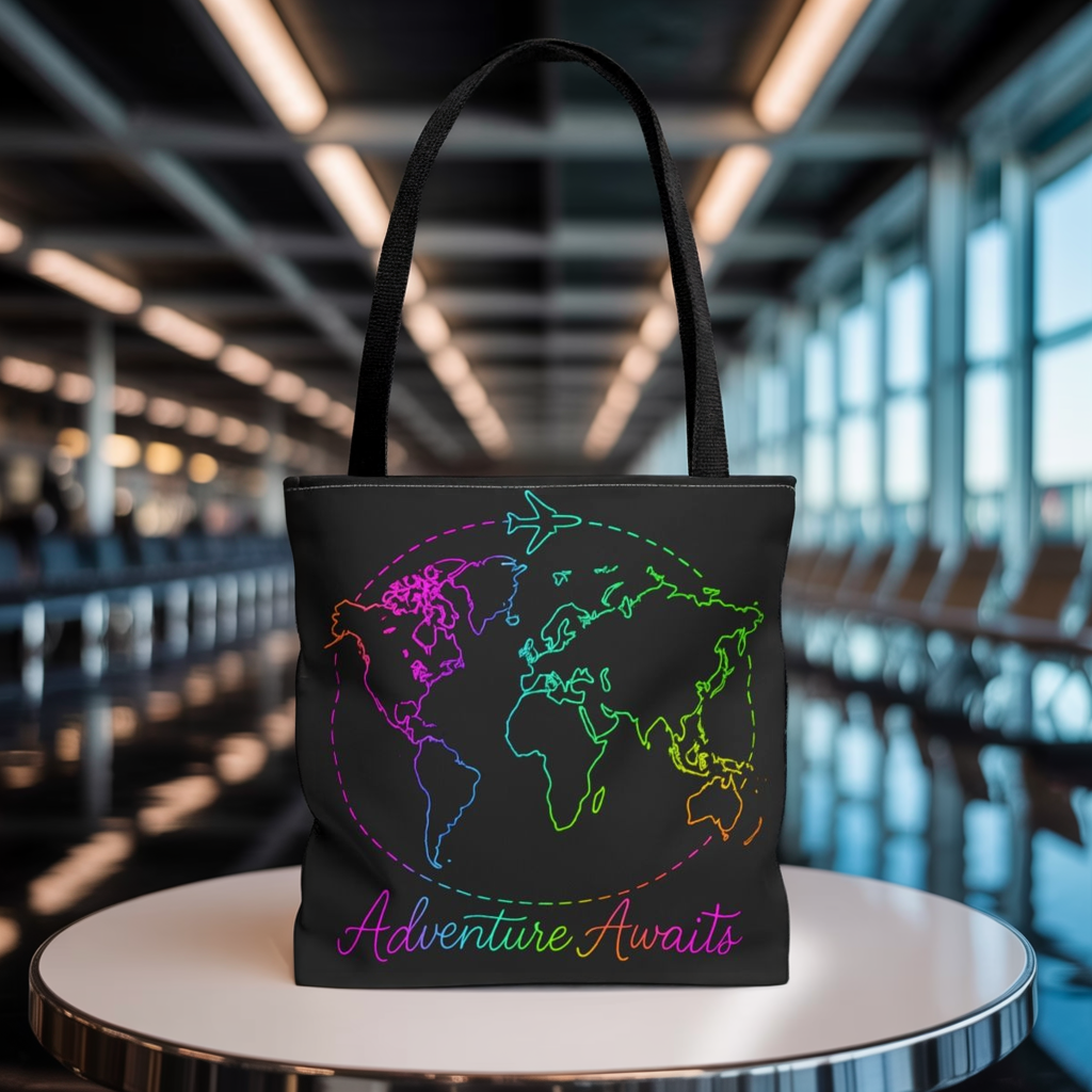 Adventure Awaits Neon Tote Bag - Y2K Rainbow World Map and Plane Travel Tote, Reusable Canvas Tote for Airport, Beach, Market + Gift