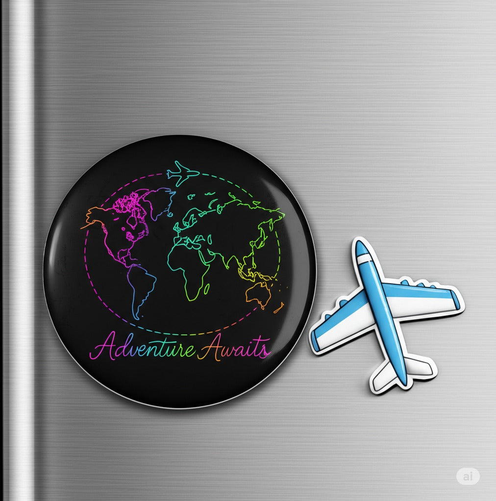 Adventure Awaits Neon Magnet - Y2K Rainbow World Map and Airplane Fridge Magnet, Travel Aesthetic Decor for Fridge, Locker, Gift