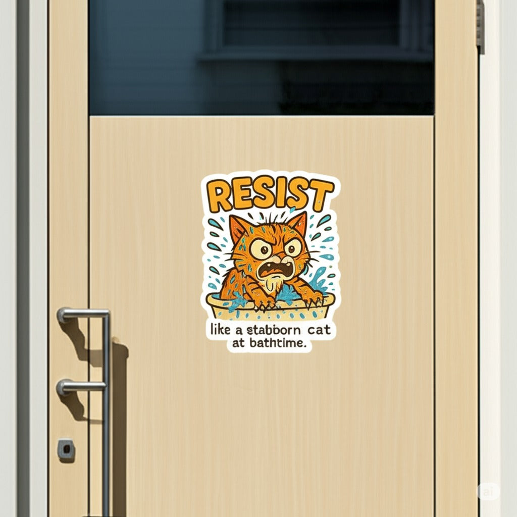 Resist Cat Sticker - Funny Bath Time Cat, Stubborn Cat Vinyl Decal, Kiss-Cut Cat Sticker for Laptop Water Bottle Journal Gifts