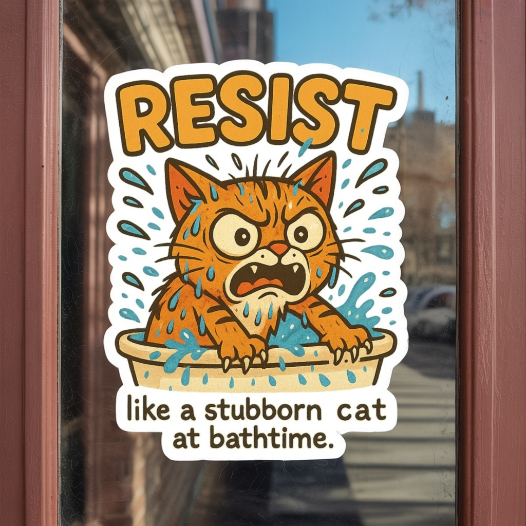 Resist Cat Sticker - Funny Bath Time Cat, Stubborn Cat Vinyl Decal, Kiss-Cut Cat Sticker for Laptop Water Bottle Journal Gifts