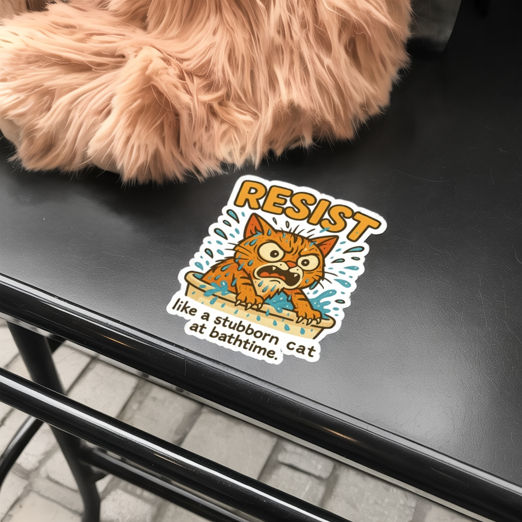 Resist Cat Sticker - Funny Bath Time Cat, Stubborn Cat Vinyl Decal, Kiss-Cut Cat Sticker for Laptop Water Bottle Journal Gifts