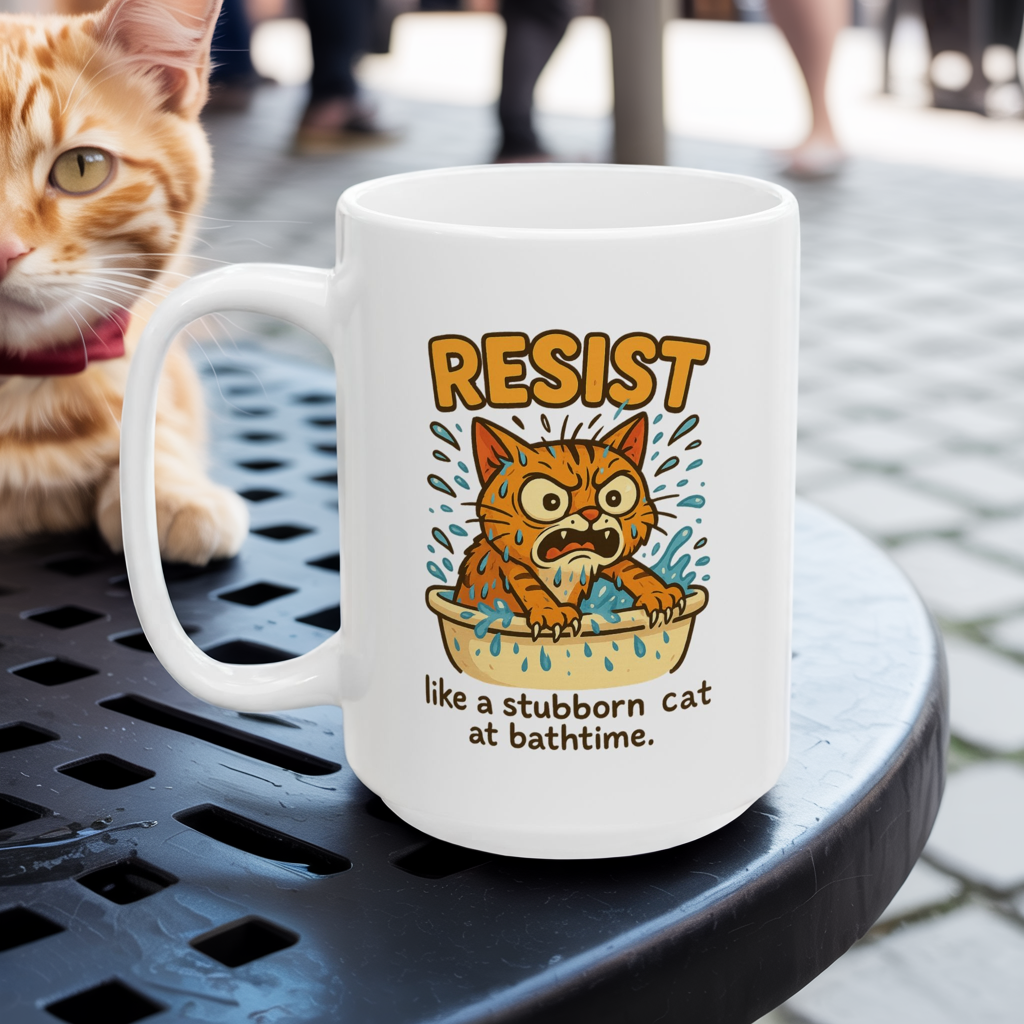 Funny Cat Mug - Resist Like a Stubborn Cat at Bathtime - Cute Coffee Tea Cup - Sarcastic Pet Lover Gift - 11oz or 15oz Ceramic