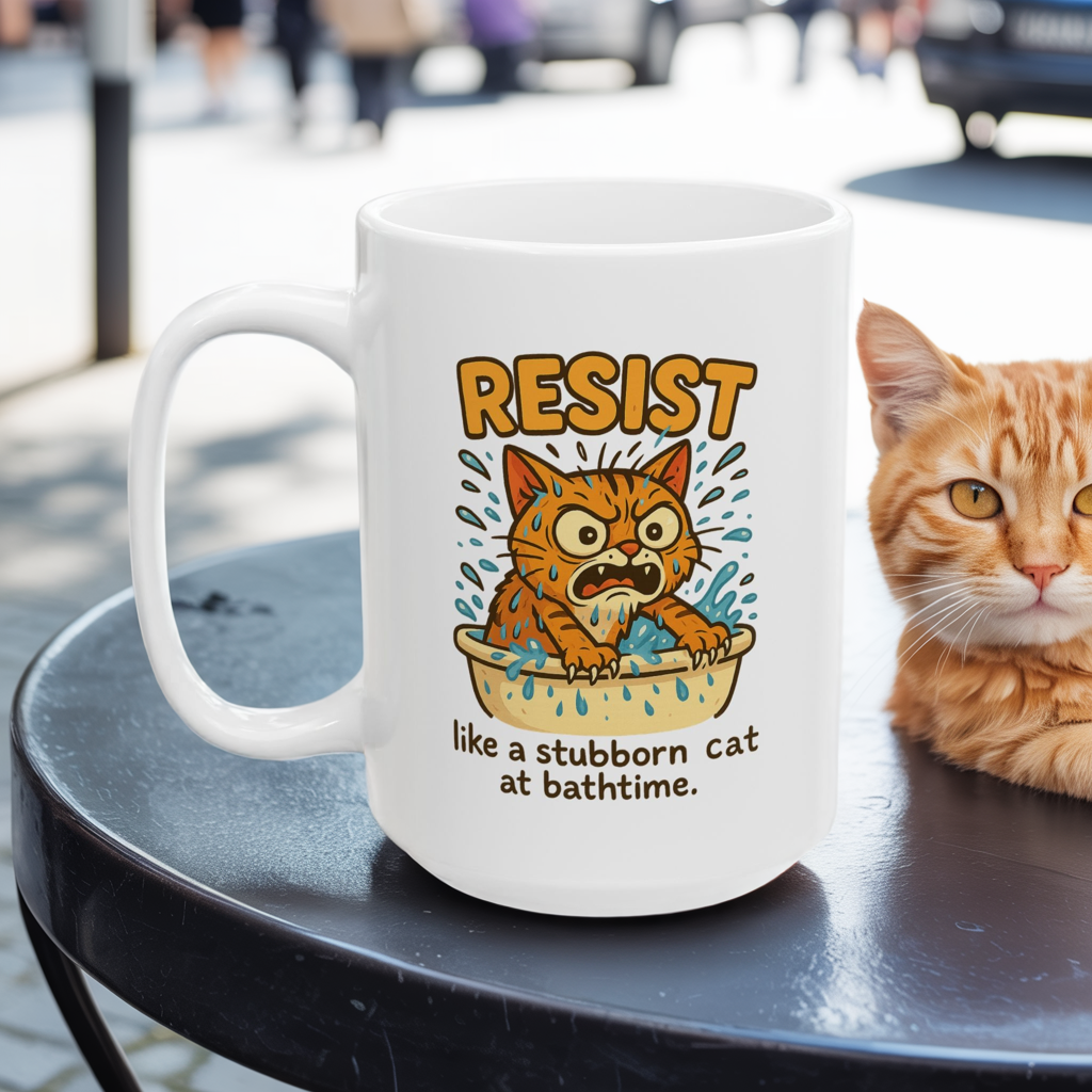 Funny Cat Mug - Resist Like a Stubborn Cat at Bathtime - Cute Coffee Tea Cup - Sarcastic Pet Lover Gift - 11oz or 15oz Ceramic