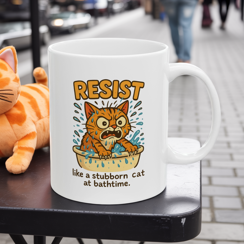 Funny Cat Mug - Resist Like a Stubborn Cat at Bathtime - Cute Coffee Tea Cup - Sarcastic Pet Lover Gift - 11oz or 15oz Ceramic