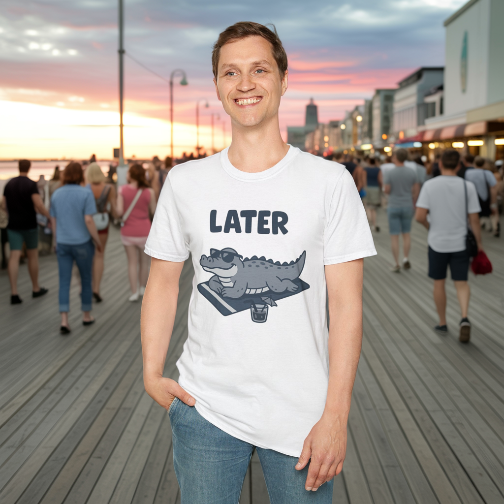 Later Gator Lounge Graphic Tee - Funny Alligator T-Shirt, Summer Vacation Humor, Cute Animal Tee, Relax Gift for Him and Her