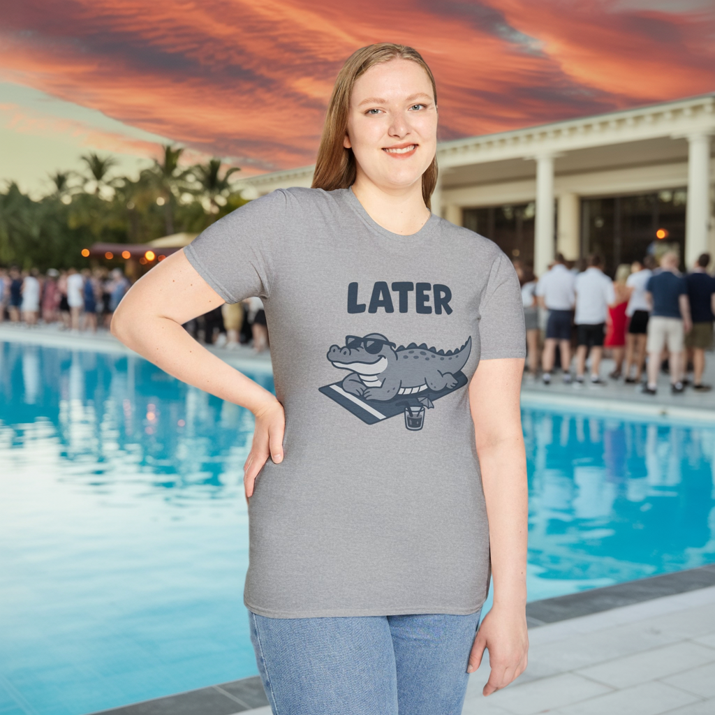 Later Gator Lounge Graphic Tee - Funny Alligator T-Shirt, Summer Vacation Humor, Cute Animal Tee, Relax Gift for Him and Her