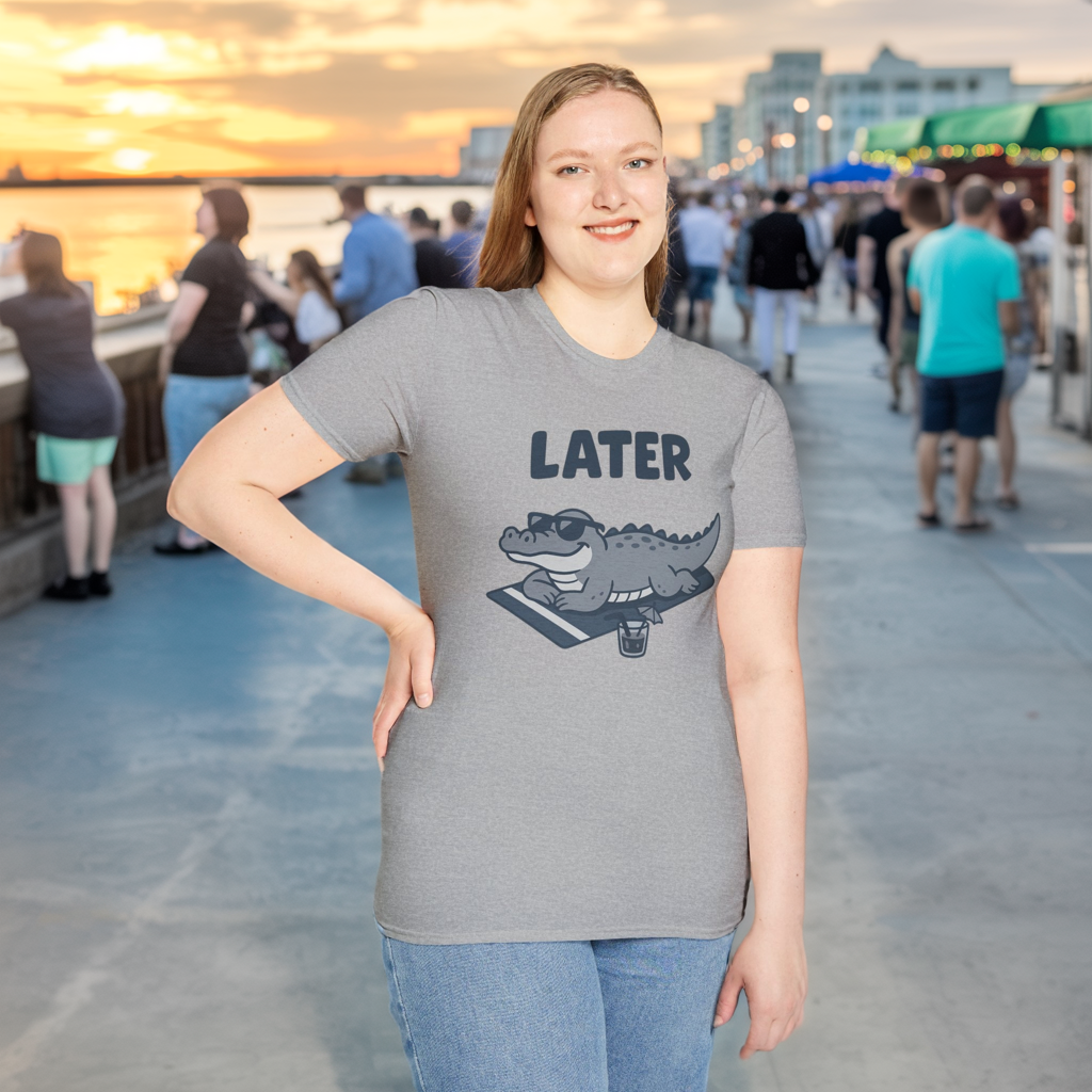 Later Gator Lounge Graphic Tee - Funny Alligator T-Shirt, Summer Vacation Humor, Cute Animal Tee, Relax Gift for Him and Her