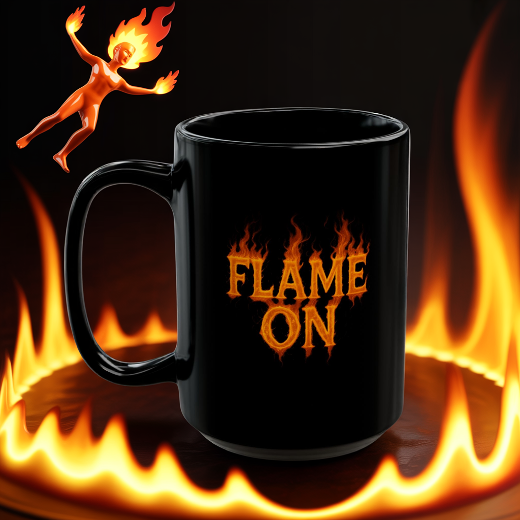 Flame On Mug - Fire Typography Coffee Cup for Superhero Fans, Hot Drink Black Mug, Comic Style Gift, Hero Catchphrase Energy