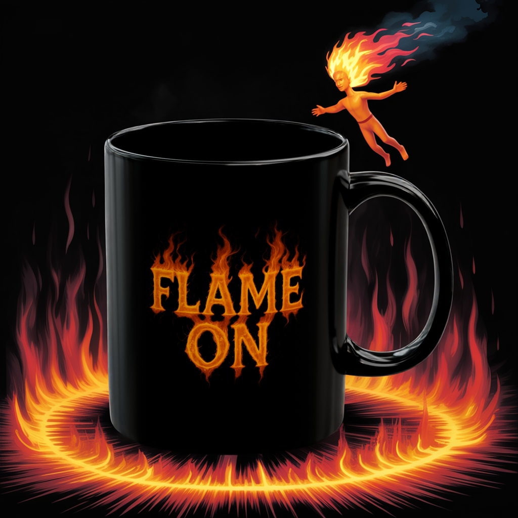 Flame On Mug - Fire Typography Coffee Cup for Superhero Fans, Hot Drink Black Mug, Comic Style Gift, Hero Catchphrase Energy